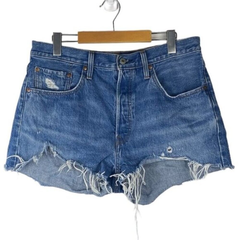 Levis Womens 501 Original High Rise Destroyed Cut Off Blue Jean Shorts US 31